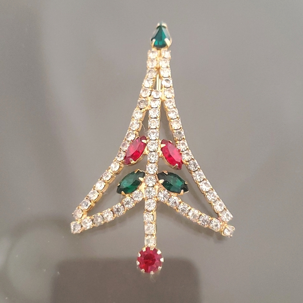 Vintage Pin Christmas Tree Brooch Holiday Post Modern Rhinestone Glass